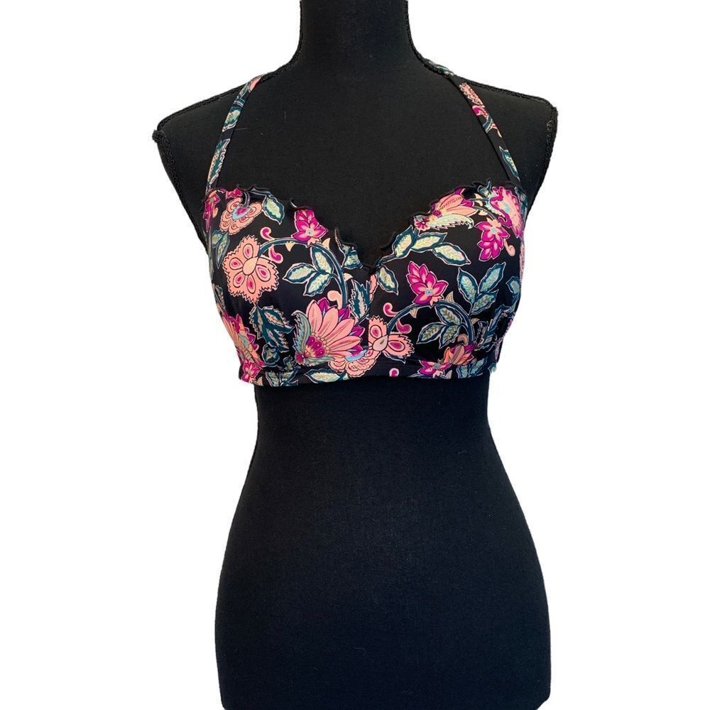 SHADE & Shore Black Floral Summer Lightly Lined Bikini Top Sz 34D